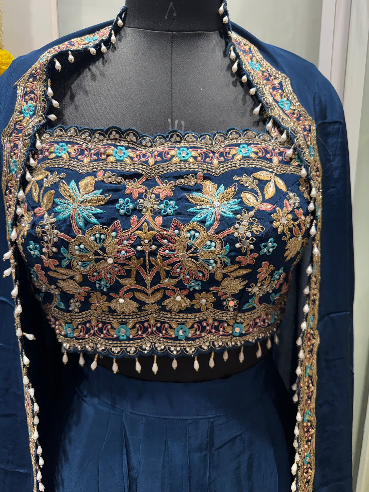 Powder Blue Crepe Skirt Set with Embroidered Cape – Festive Indo-Western
