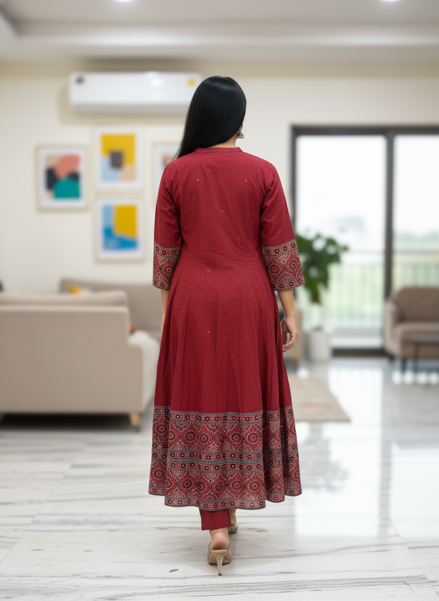 Brick Red Ajrakh Print Cotton Anarkali Suit for Women – Block Print Ethnic Kurta