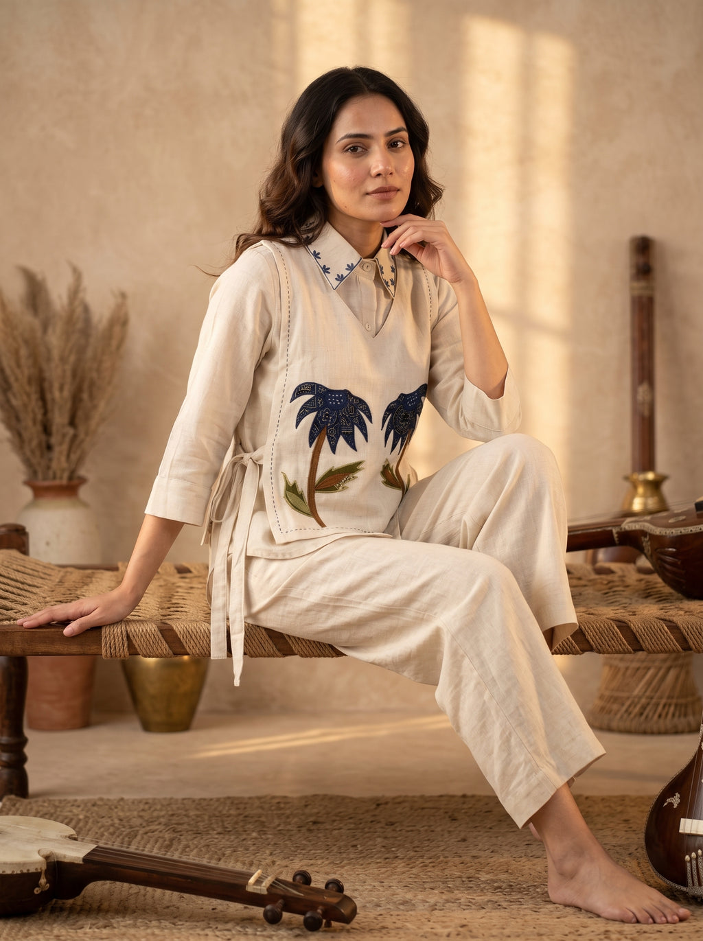 Ivory Cotton Linen Co-ord Set with Floral Appliqué