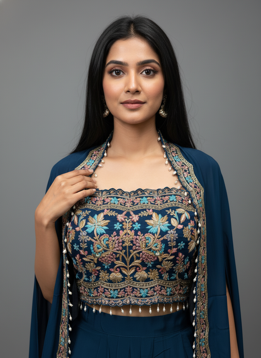 Powder Blue Crepe Skirt Set with Embroidered Cape – Festive Indo-Western