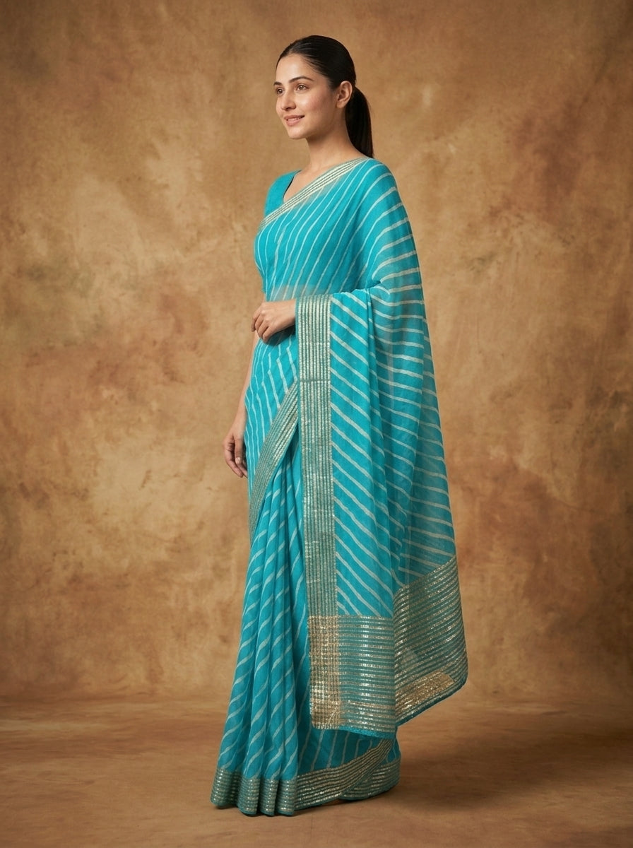 Turquoise Blue Leheriya Modal Silk Saree for Women with Zari Border & Blouse Piece