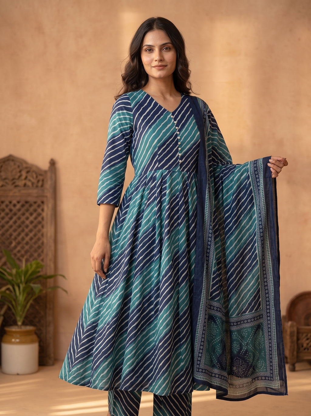 Blue Leheriya Printed Cotton Anarkali Set