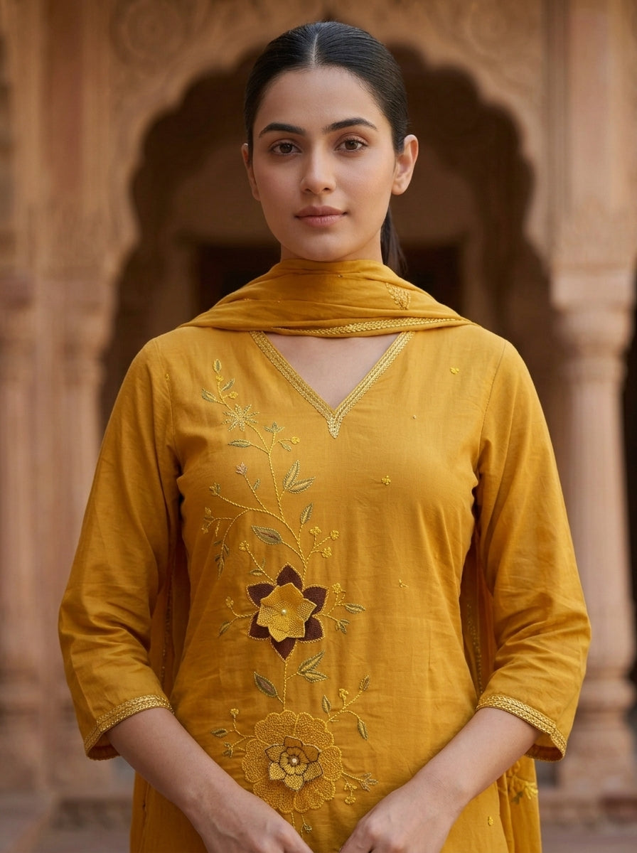 Mustard Yellow Floral Embroidered Cotton Kurta Set for Women – Straight Suit with Dupatta