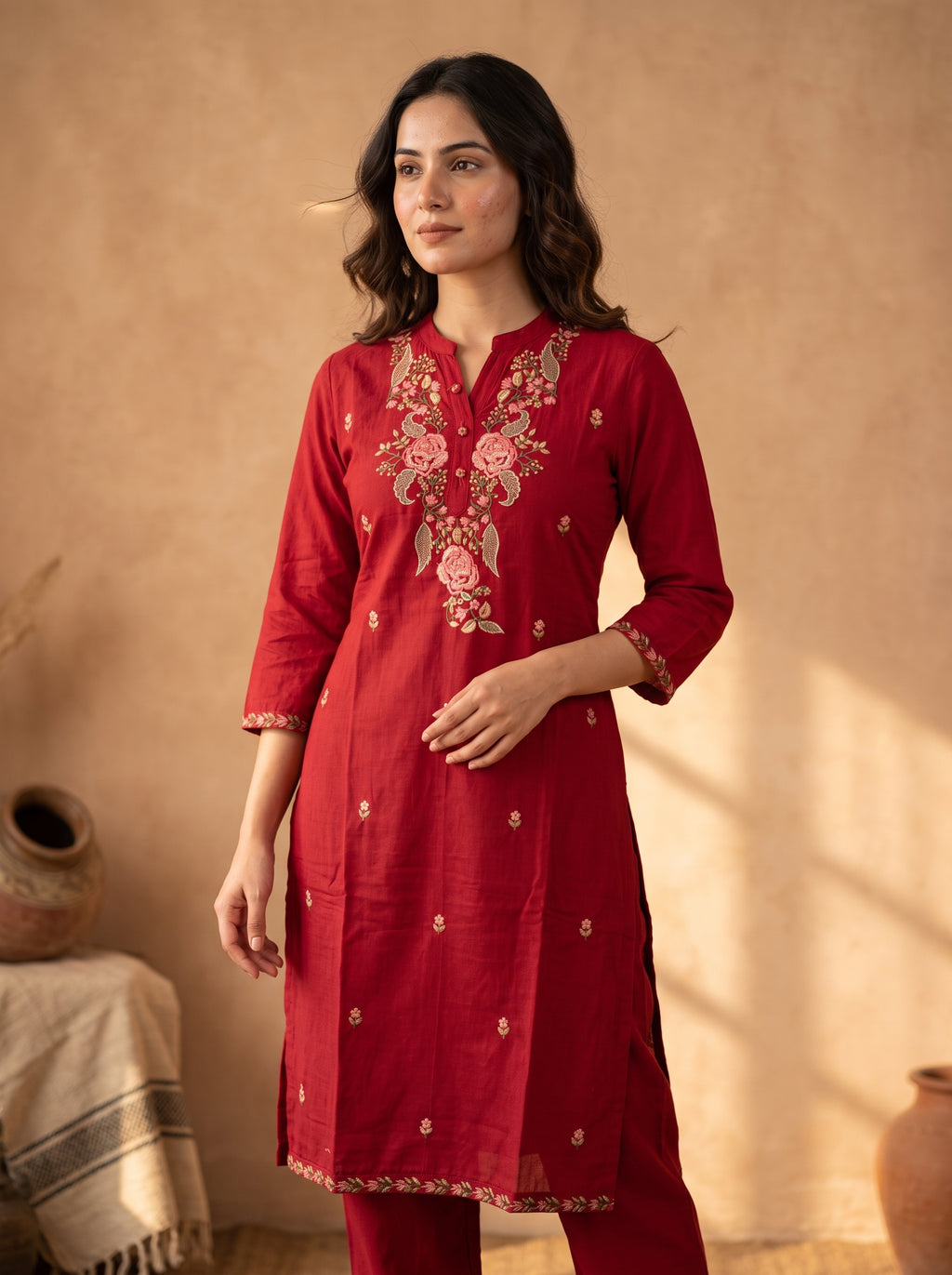 Red Floral Embroidered Linen Cotton Kurta Pant Set