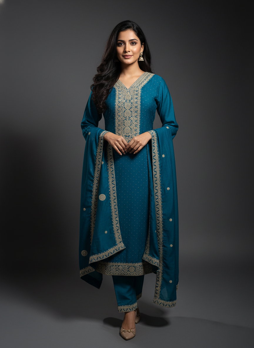 Regal Firozi Viscose Anarkali Suit Set with Heavy Gold Zari Embroidery