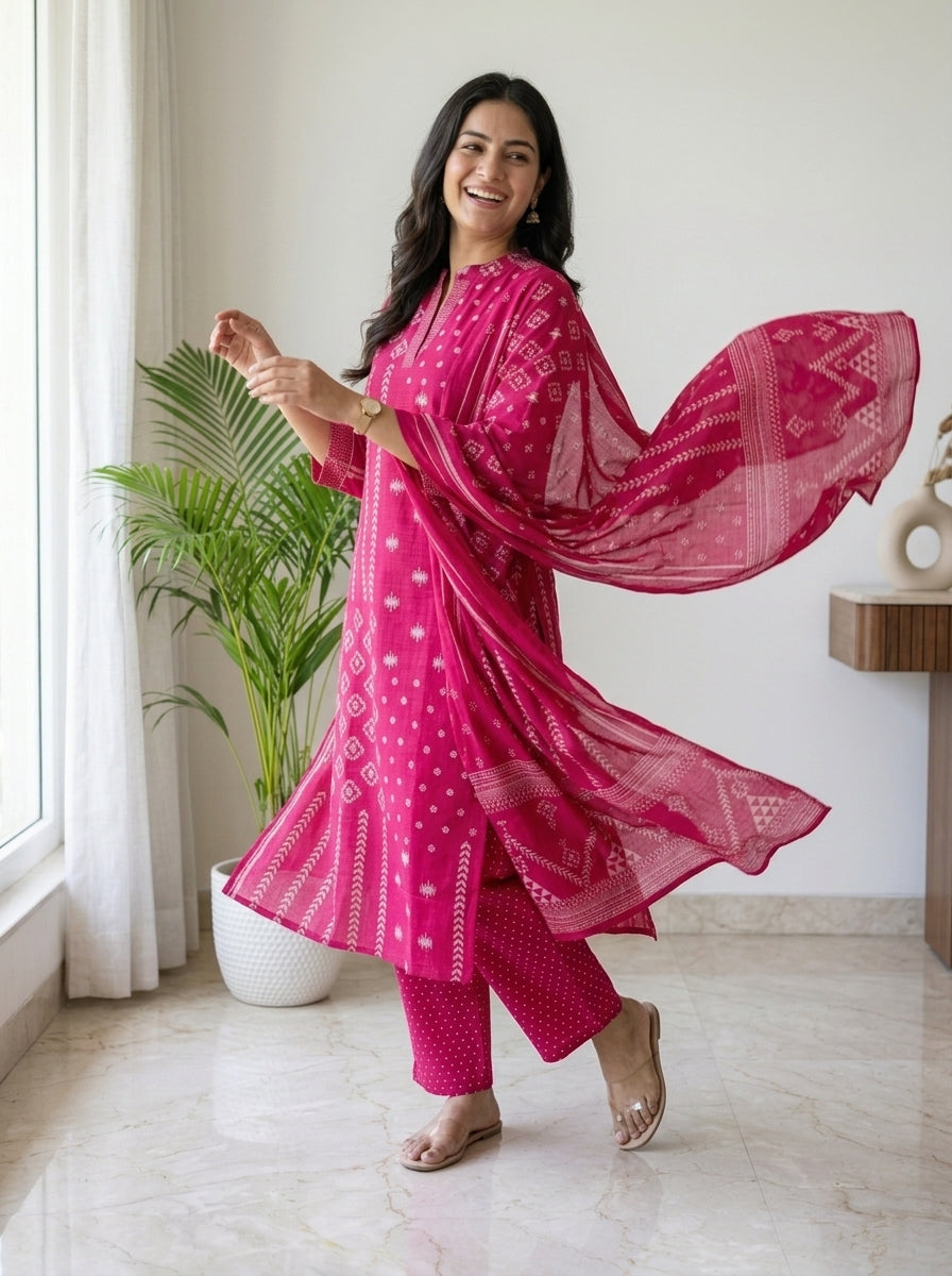 Rani Pink Ikat Print Cotton Kurta Pant Set with Dupatta
