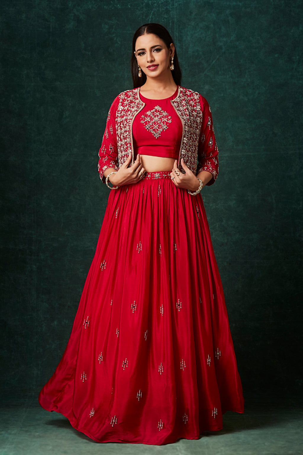 Crimson Red Lehenga Set with Embroidered Jacket – Three-Piece Wedding Wear
