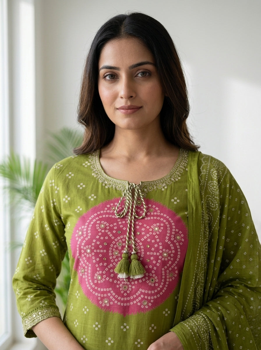 Mehndi Green Bandhani Print Cotton Kurta Pant Set with Dupatta