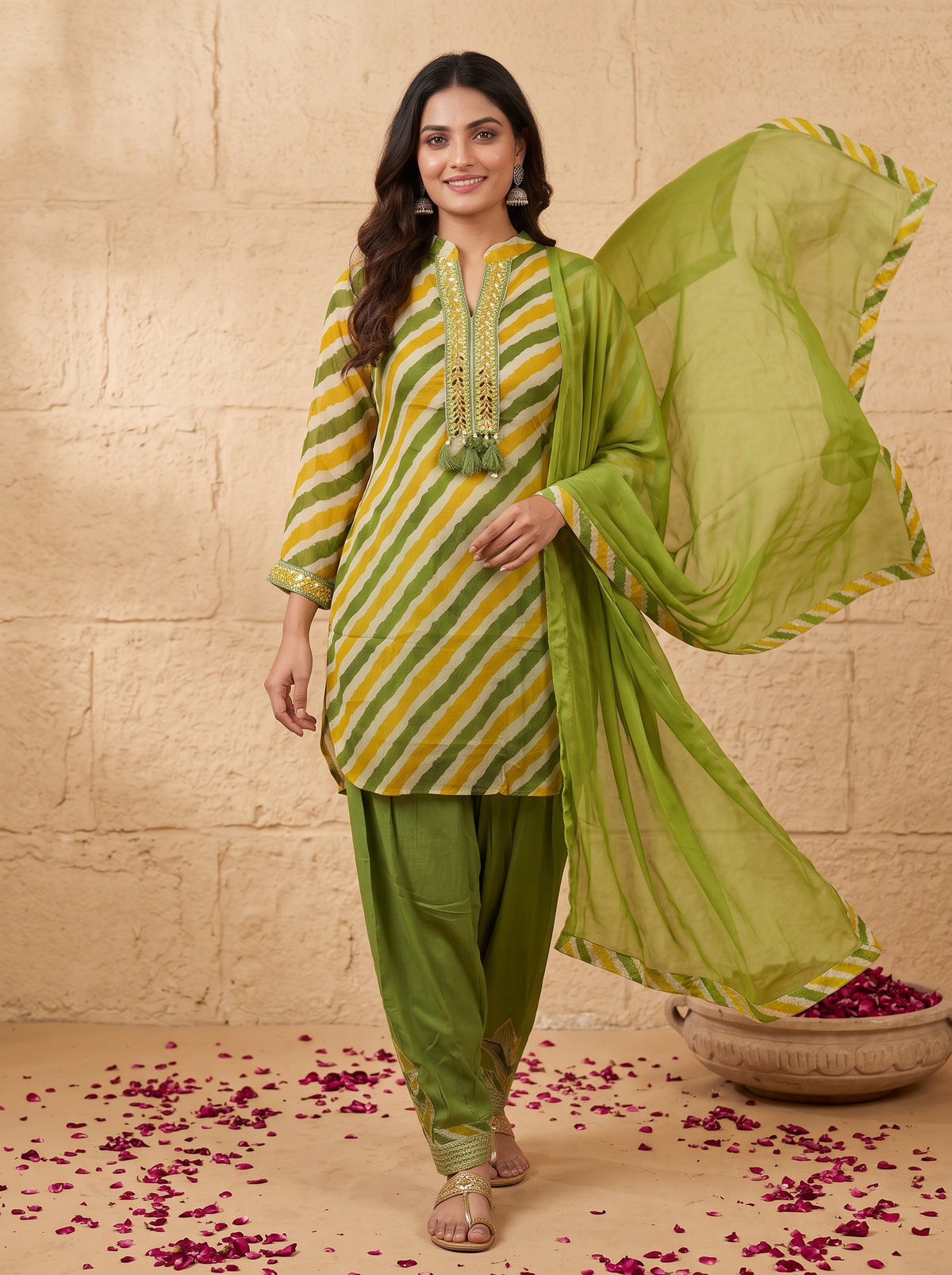 Green Leheriya Chinon Kurta with Salwar Set