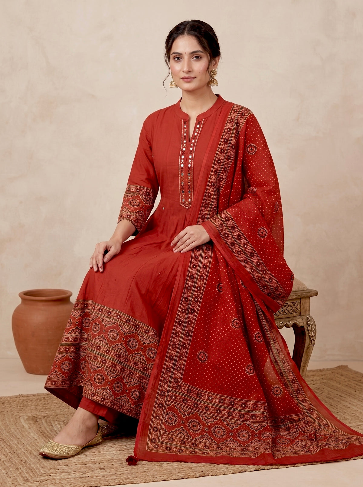 Rust Ajrakh Border Cotton Anarkali Set