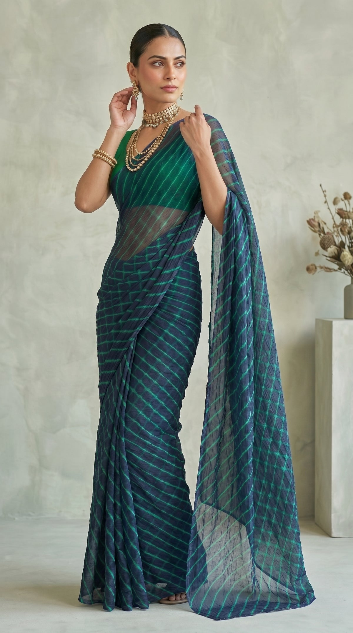 Navy Blue & Green Leheriya Georgette Saree with Blouse Piece