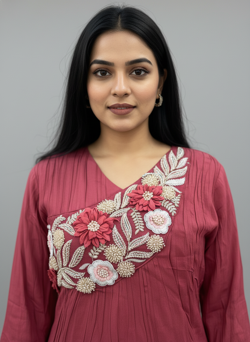Maroon Georgette Floral Embroidered Kurta and Sharara Set