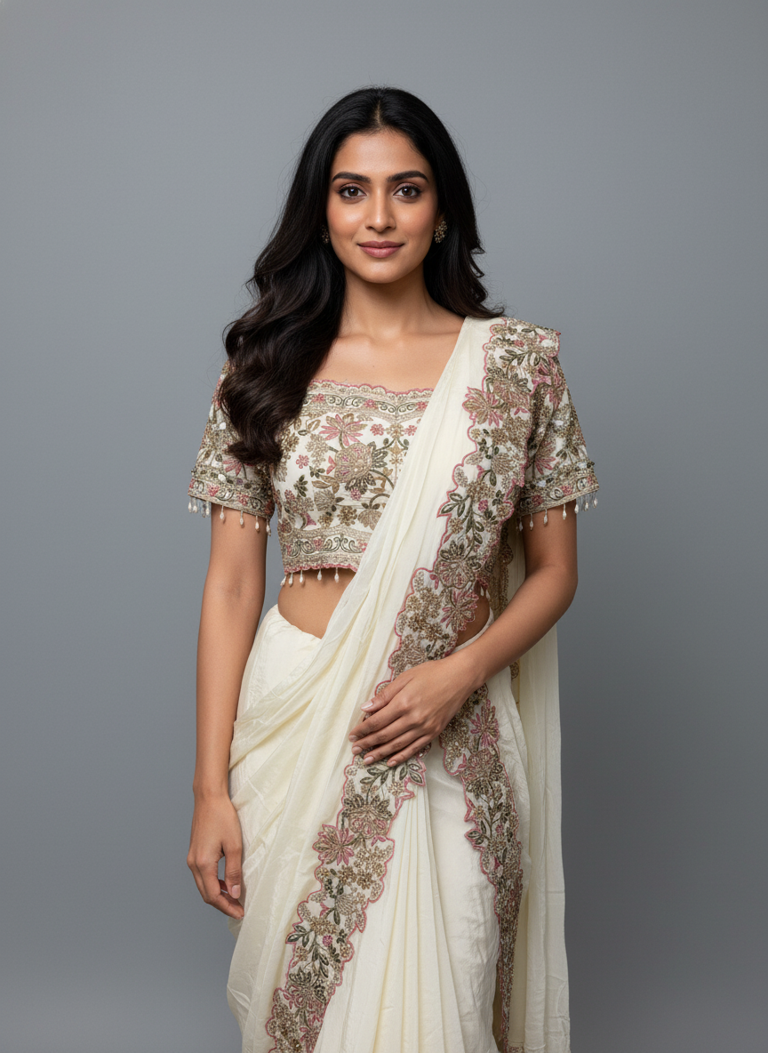 Cream Silk Saree with Heavy Embroidered Short-Sleeve Blouse