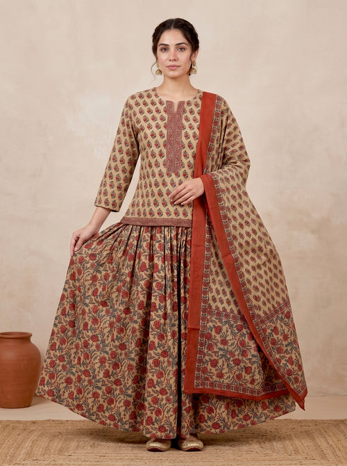 Beige Floral Printed Cotton Top & Skirt Set