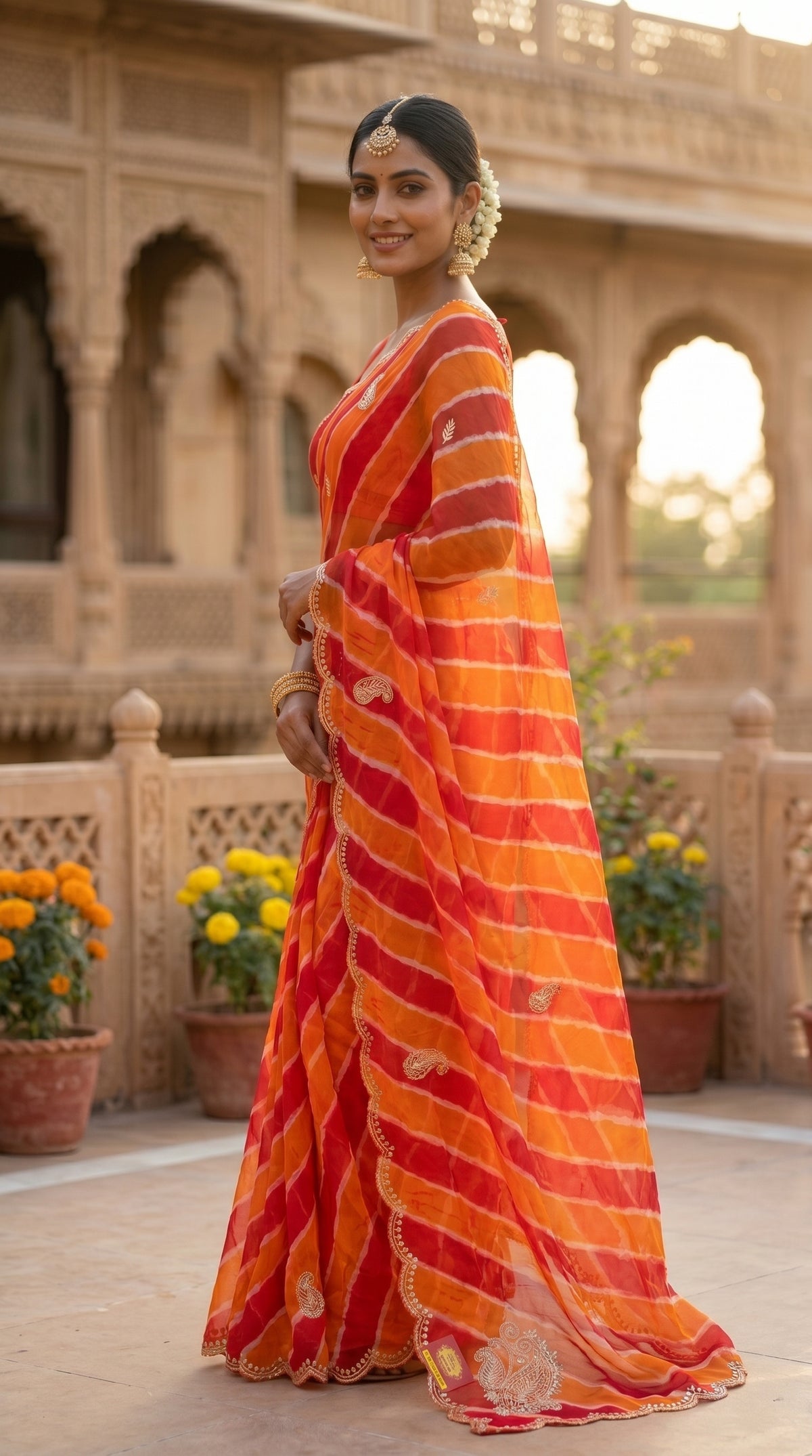 Orange & Red Leheriya Georgette Saree with Embroidered Border & Blouse Piece