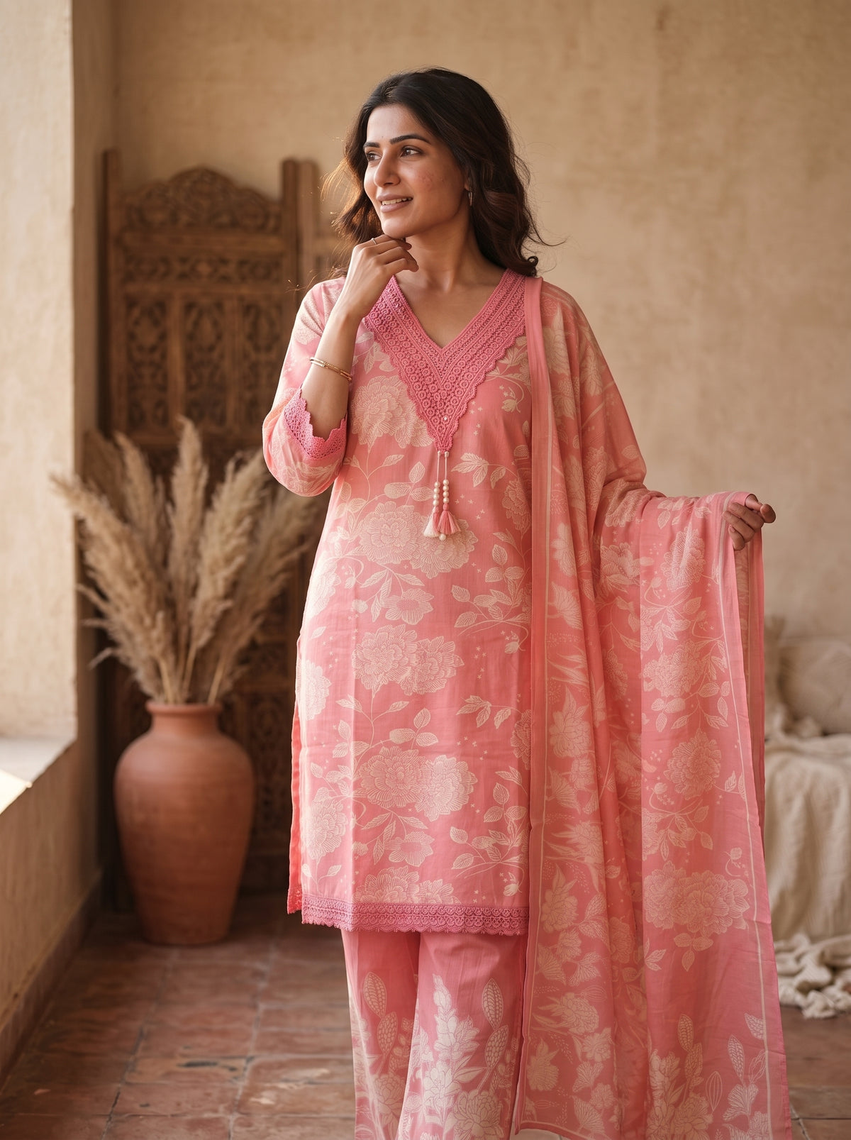 Pink Floral Print Cotton Kurta Set with Lace & Dupatta