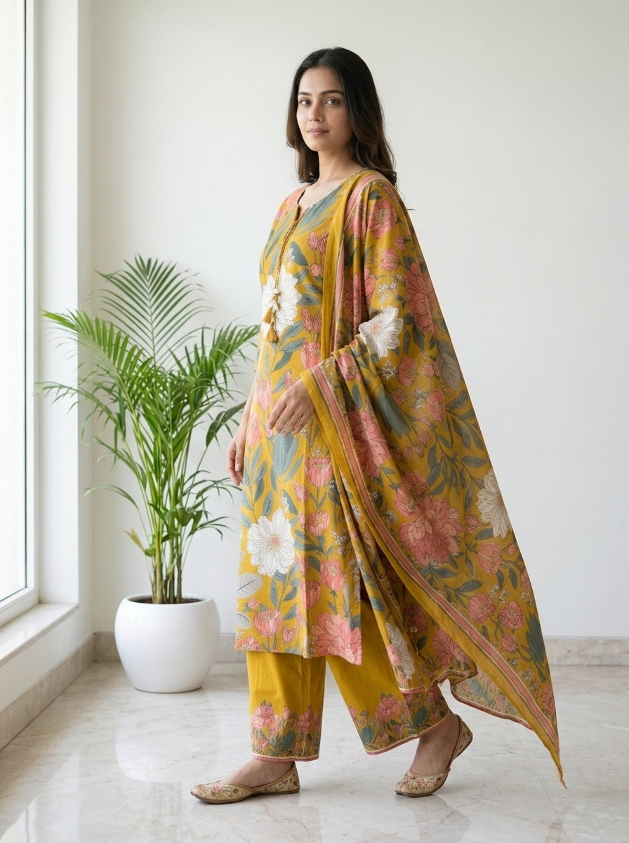 Mustard Floral Print Cotton Kurta Pant Set with Dupatta