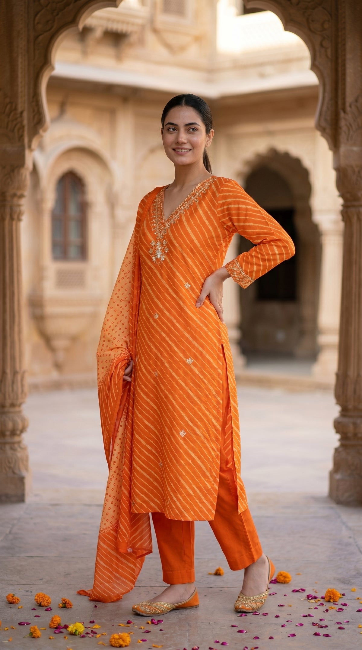 Orange Leheriya Print Cotton Kurta Set for Women – Straight Suit with Bandhani Dupatta