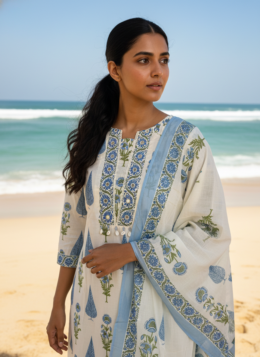 Powder Blue and Sage Floral Cotton Kurta Set for Women – Daily Wear Palazzo Suit