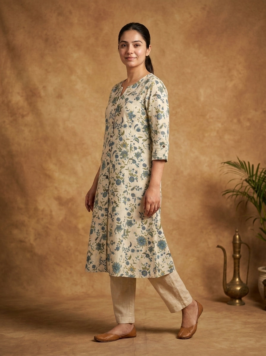 Ivory Blue Green Floral Print Cotton A-Line Kurta Set for Women – Button-Front Suit