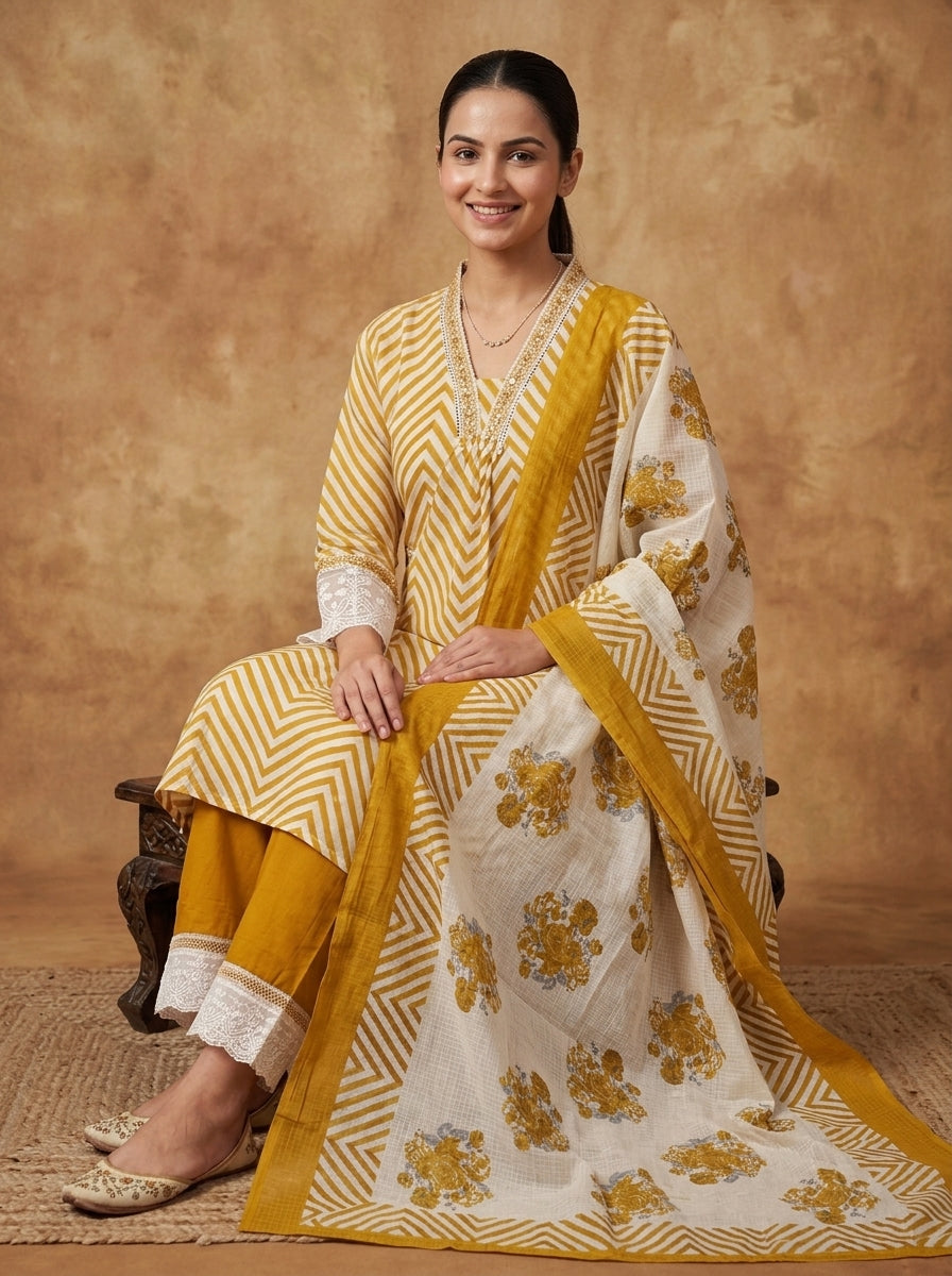 Mustard Chevron Print Cotton Kurta Set for Women – Straight Suit with Palazzo & Dupatta