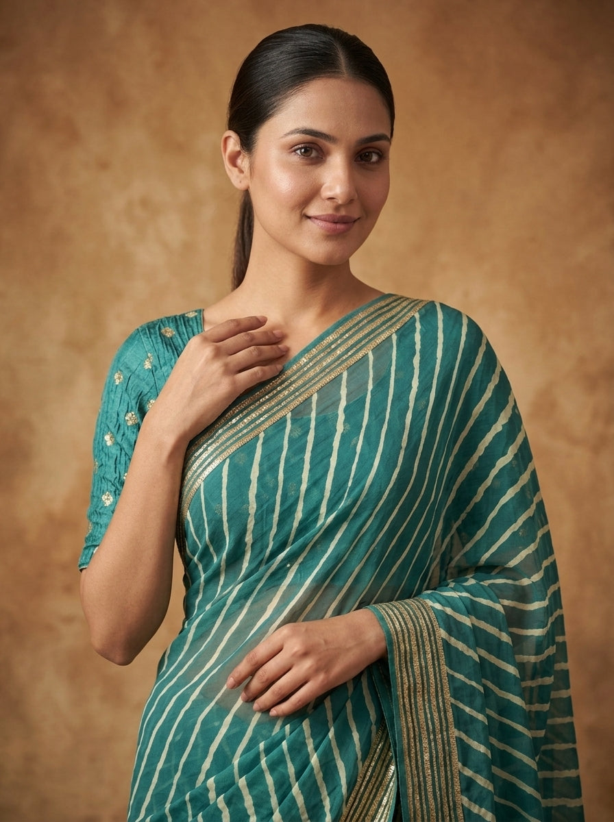 Teal Green Leheriya Modal Silk Saree for Women with Zari Border & Blouse Piece