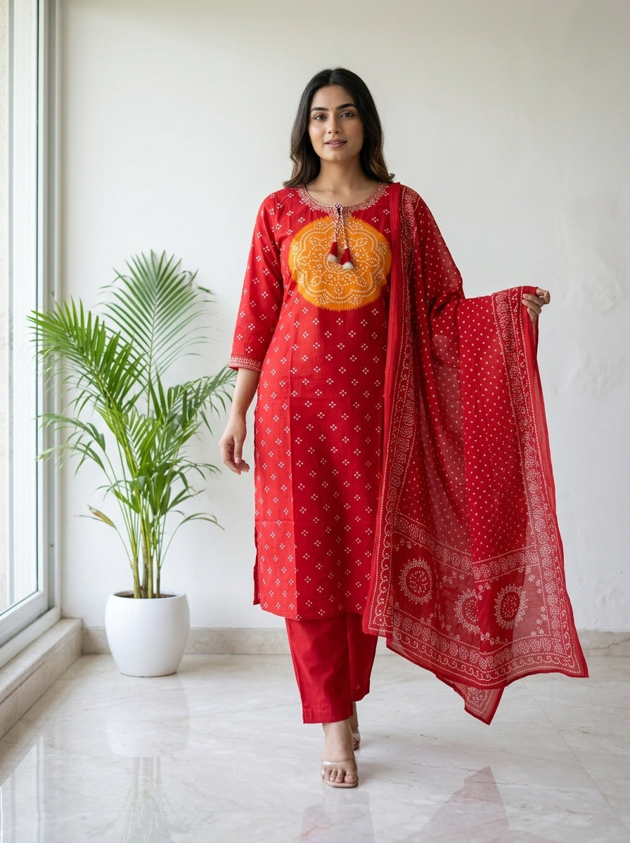 Red Bandhani Print Cotton Kurta Pant Set with Dupatta