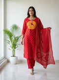 Red Bandhani Print Cotton Kurta Pant Set with Dupatta