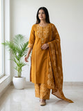 Ochre Mustard Bandhani Print Cotton Kurta Pant Set with Dupatta