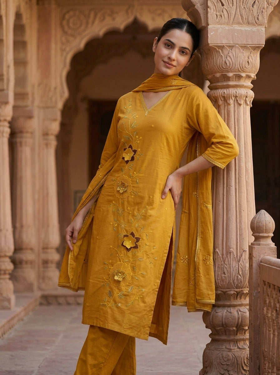 Mustard Yellow Floral Embroidered Cotton Kurta Set for Women – Straight Suit with Dupatta