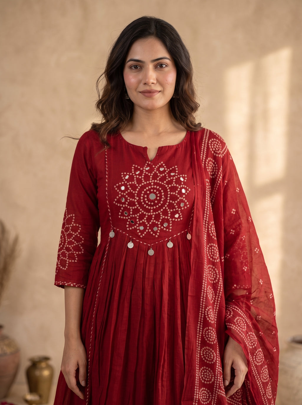 Red Bandhani Mirror Work Anarkali Kurta Set with Dupatta