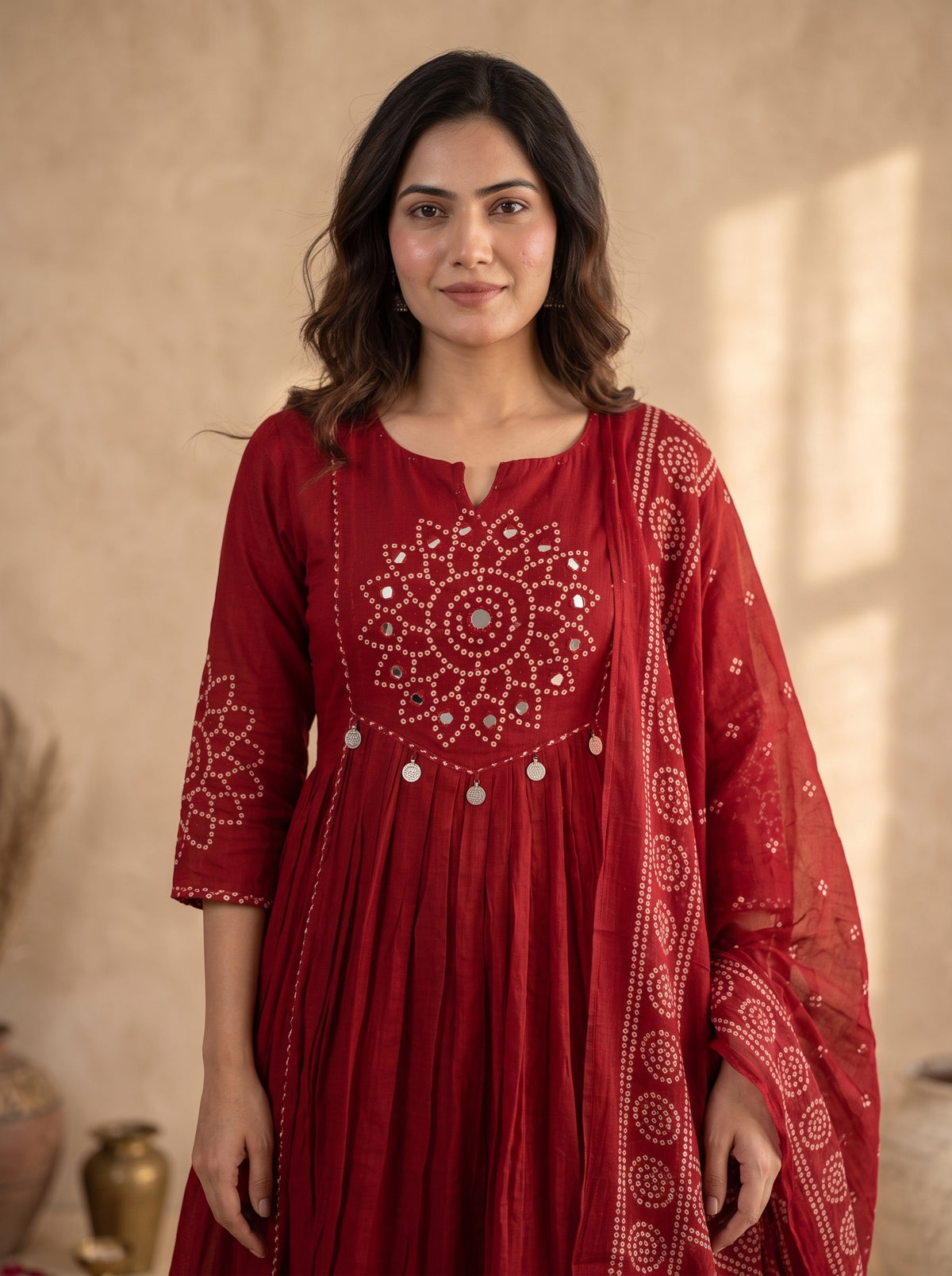 Red Bandhani Mirror Work Anarkali Kurta Set with Dupatta