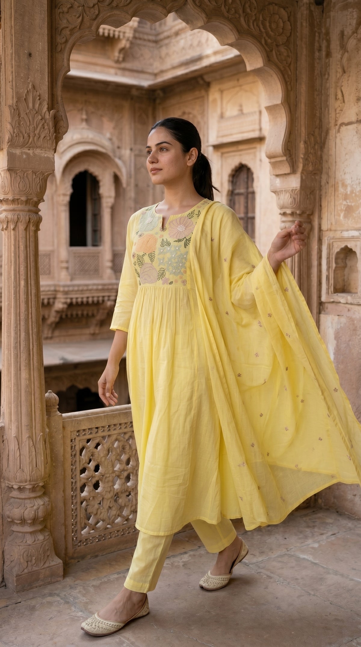 Lemon Yellow Floral Embroidered Mal Cotton A-Line Suit Set