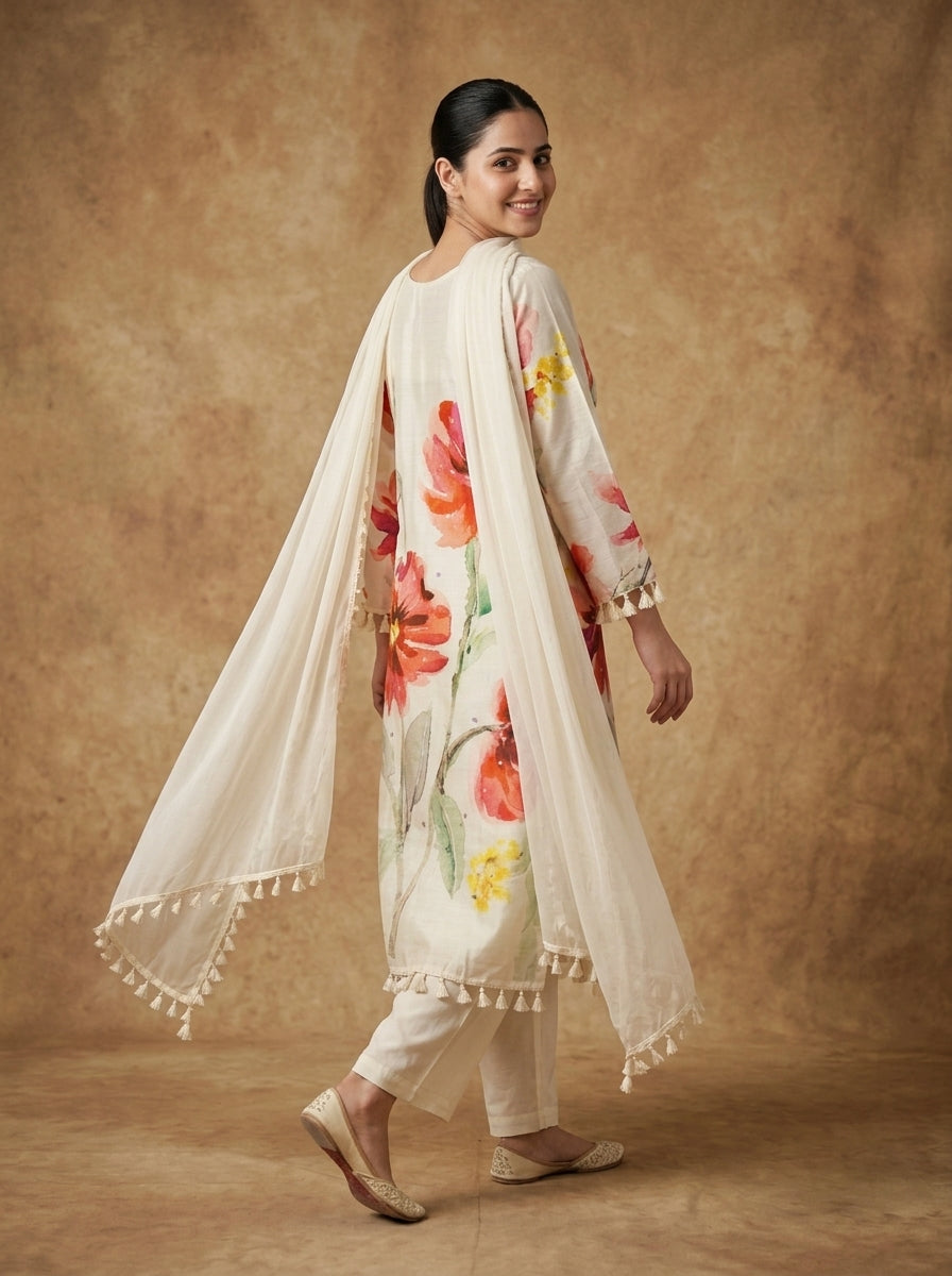 Ivory Watercolour Floral Cotton Kurta Set for Women – Straight Suit with Dupatta