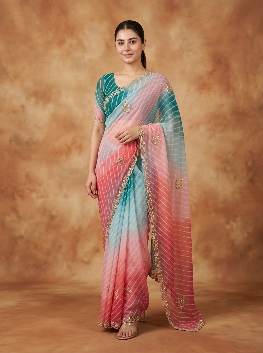 Teal Blue & Pink Leheriya Georgette Saree with Kat Dana Work & Blouse Piece