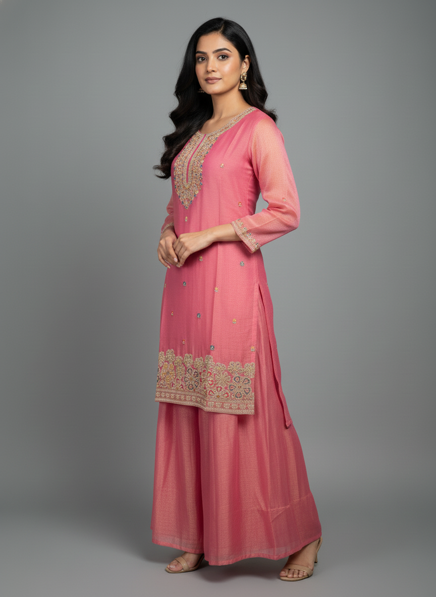 Rose Pink Floral Embroidered Georgette Suit Set – The Amara