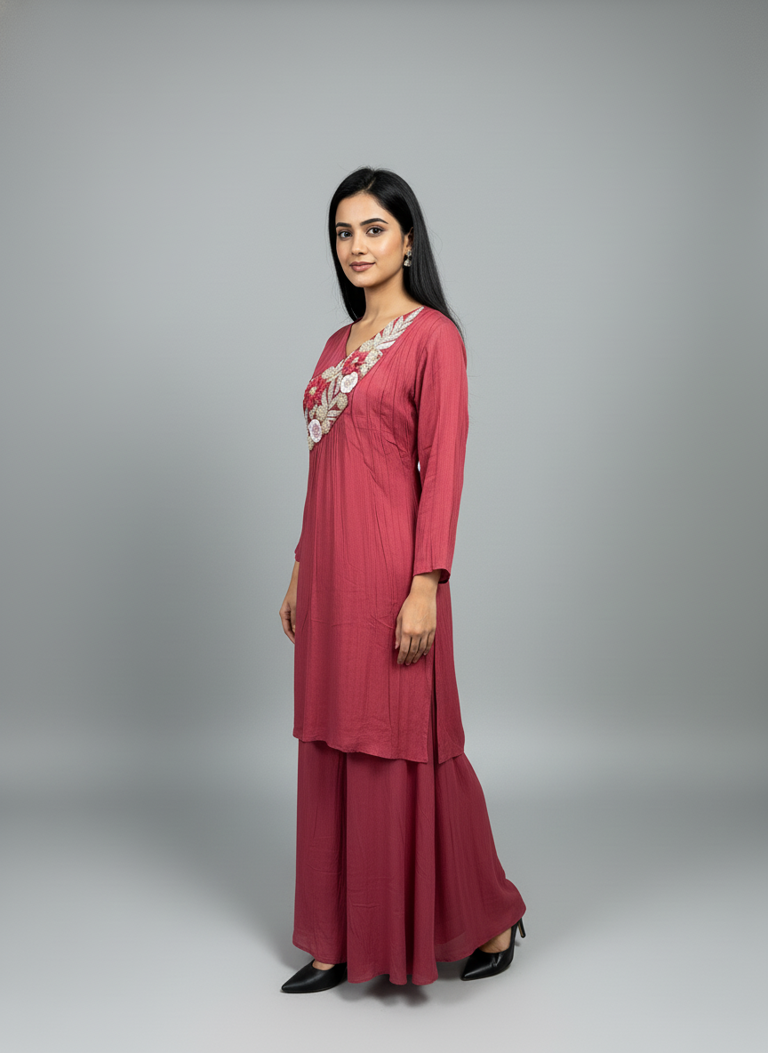 Maroon Georgette Floral Embroidered Kurta and Sharara Set