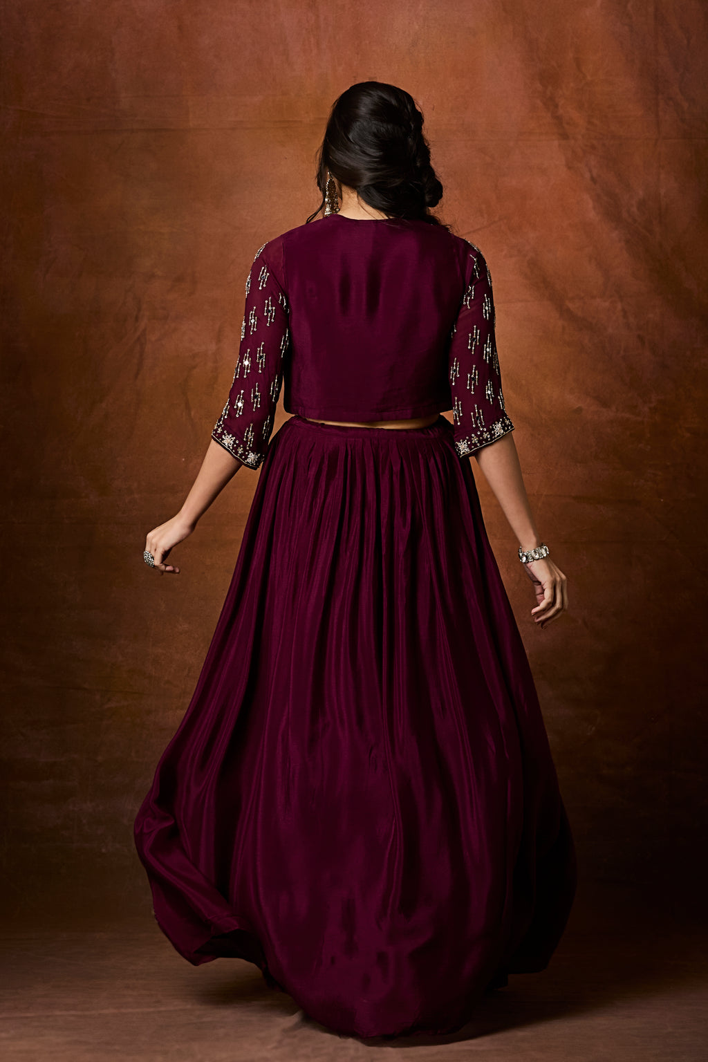 Royal Plum Three-Piece Lehenga Set with Sequin Embroidery