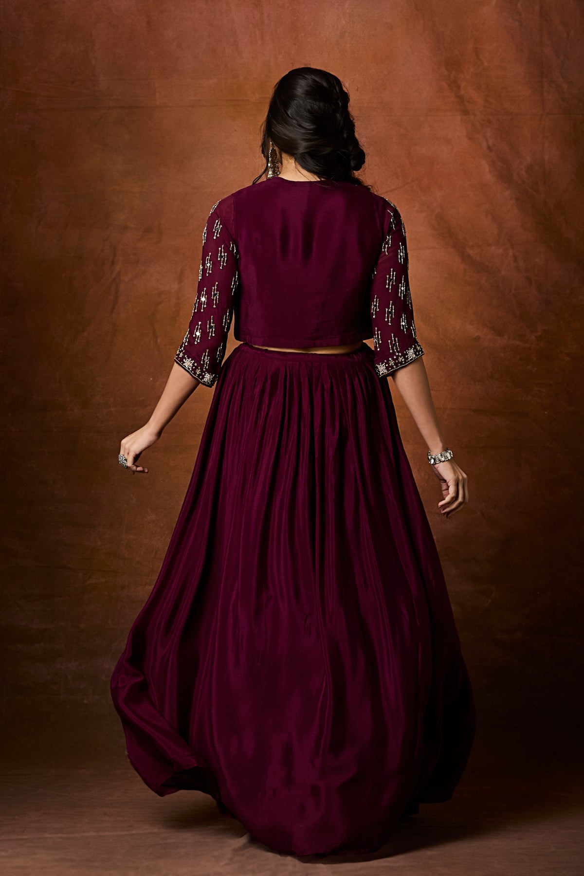 Royal Plum Three-Piece Lehenga Set with Sequin Embroidery