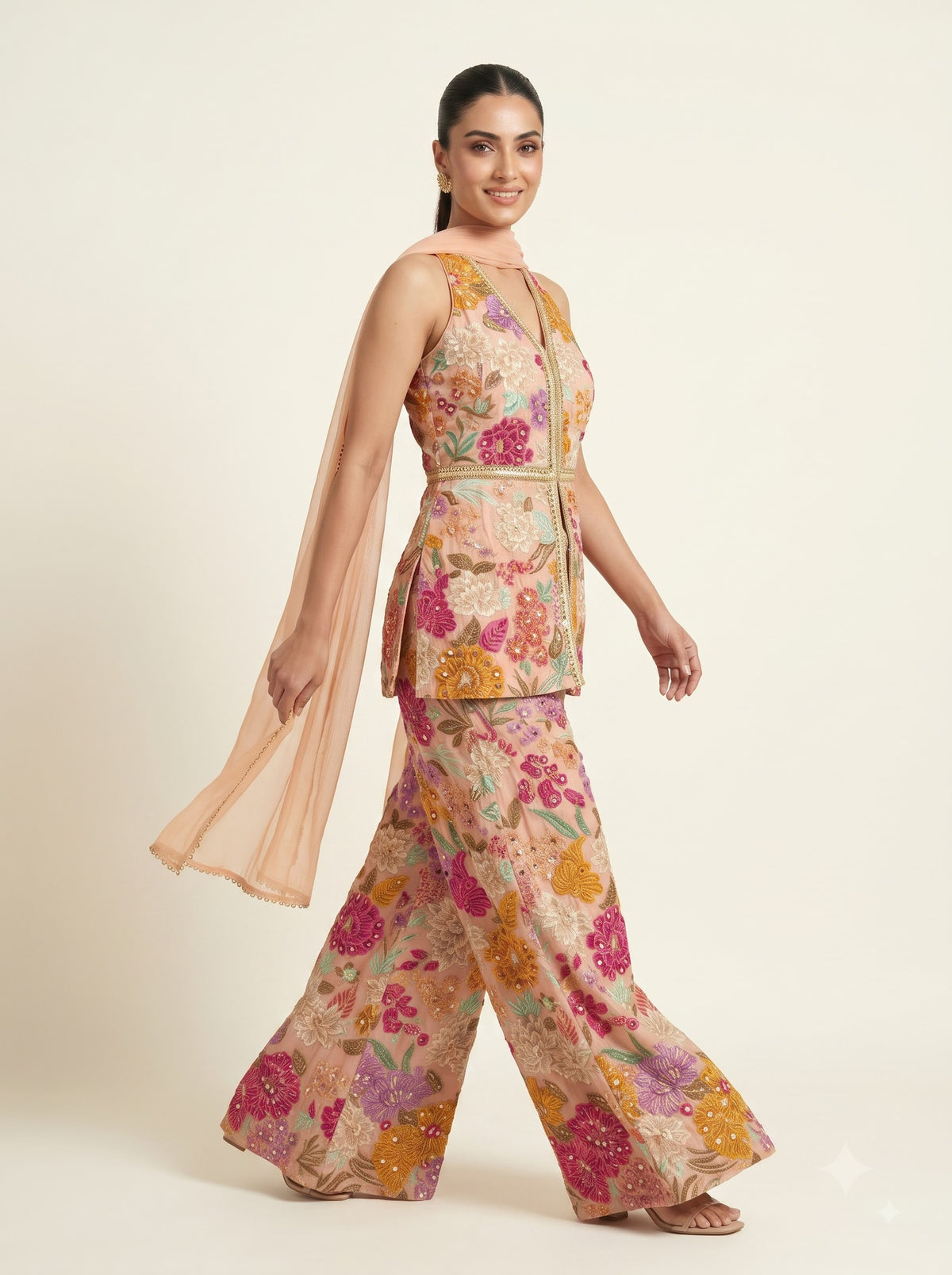 Peach Georgette Multicolour Floral Embroidered Tunic & Palazzo Co-ord Set