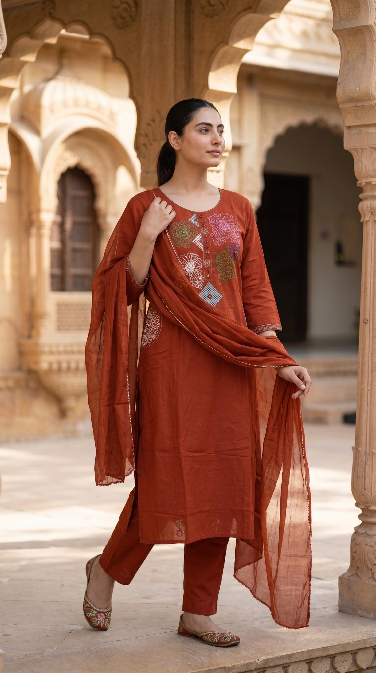 Rust Floral Embroidered Cotton Kurta Set – Mirror Work Straight Suit