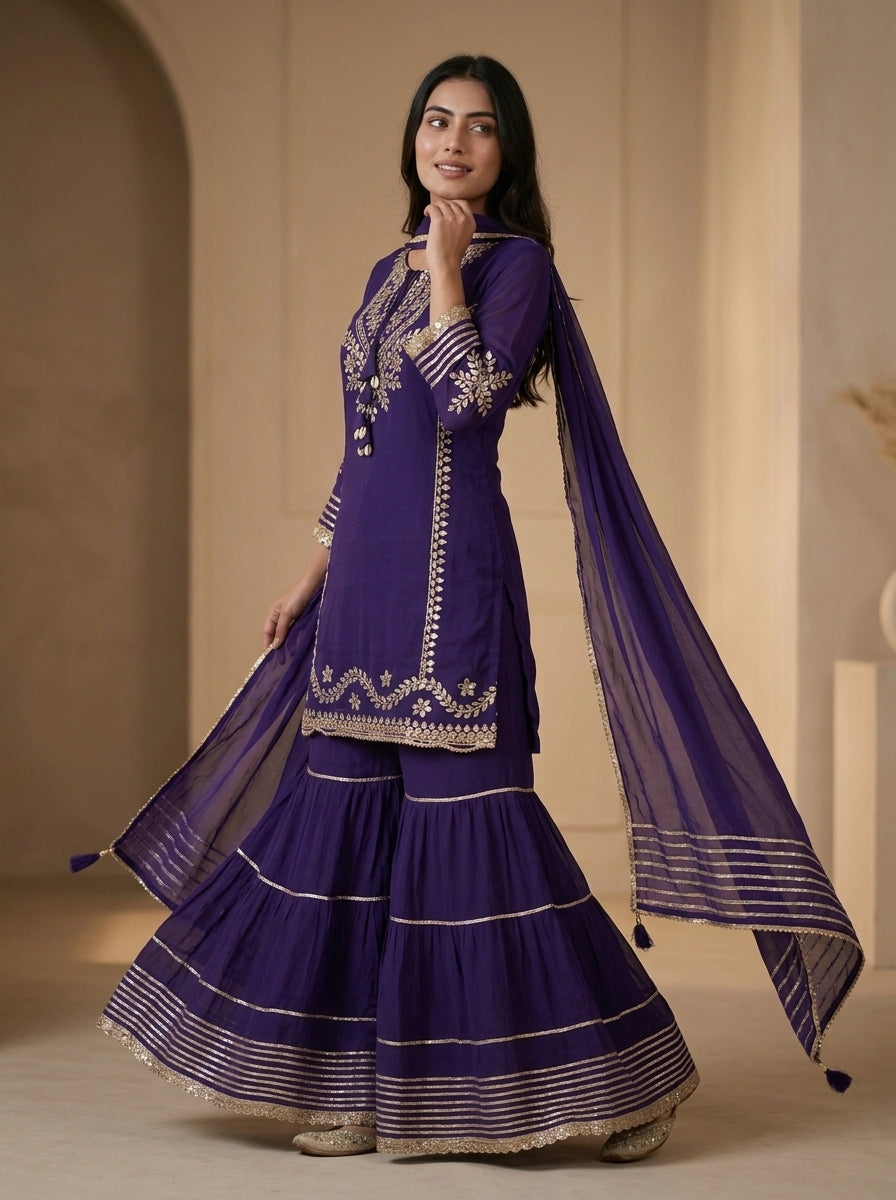 Purple Gota Patti Embroidered Kurta Sharara Set with Dupatta