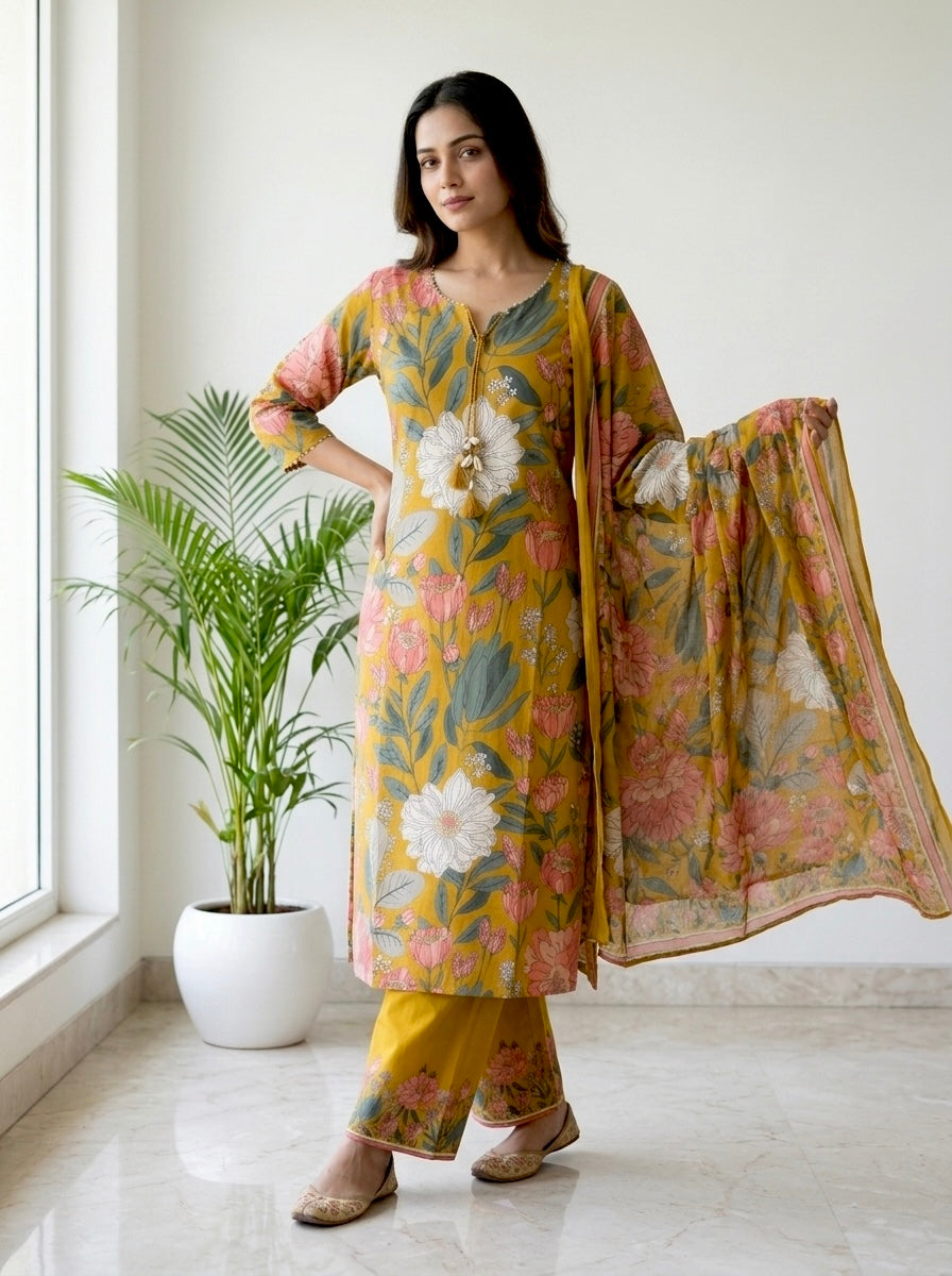 Mustard Floral Print Cotton Kurta Pant Set with Dupatta