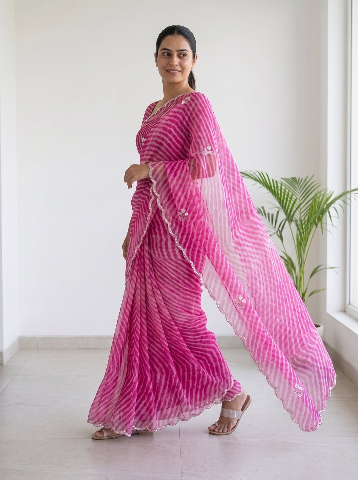 Pink Leheriya Georgette Saree with Pearl Work & Blouse Piece