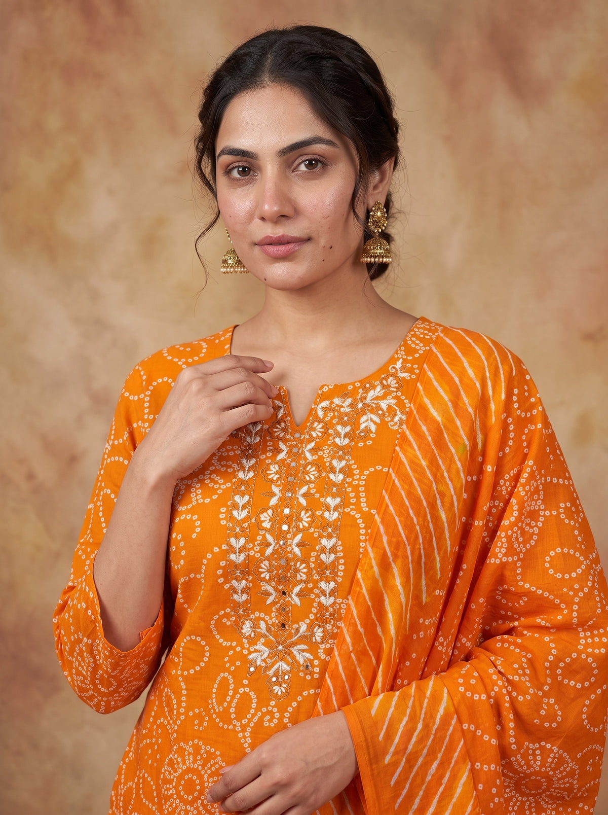 Orange Bandhani Printed Pure Cotton Kurta Set