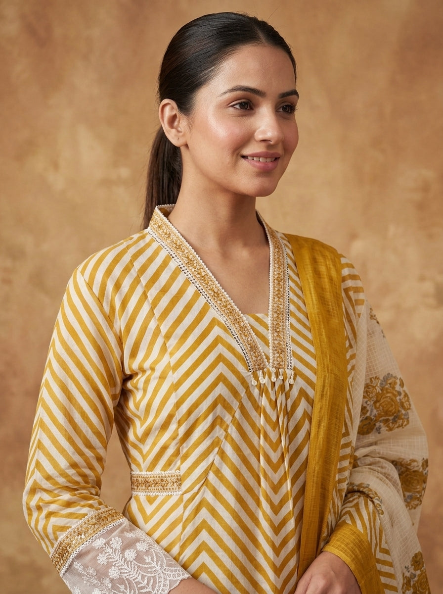 Mustard Chevron Print Cotton Kurta Set for Women – Straight Suit with Palazzo & Dupatta