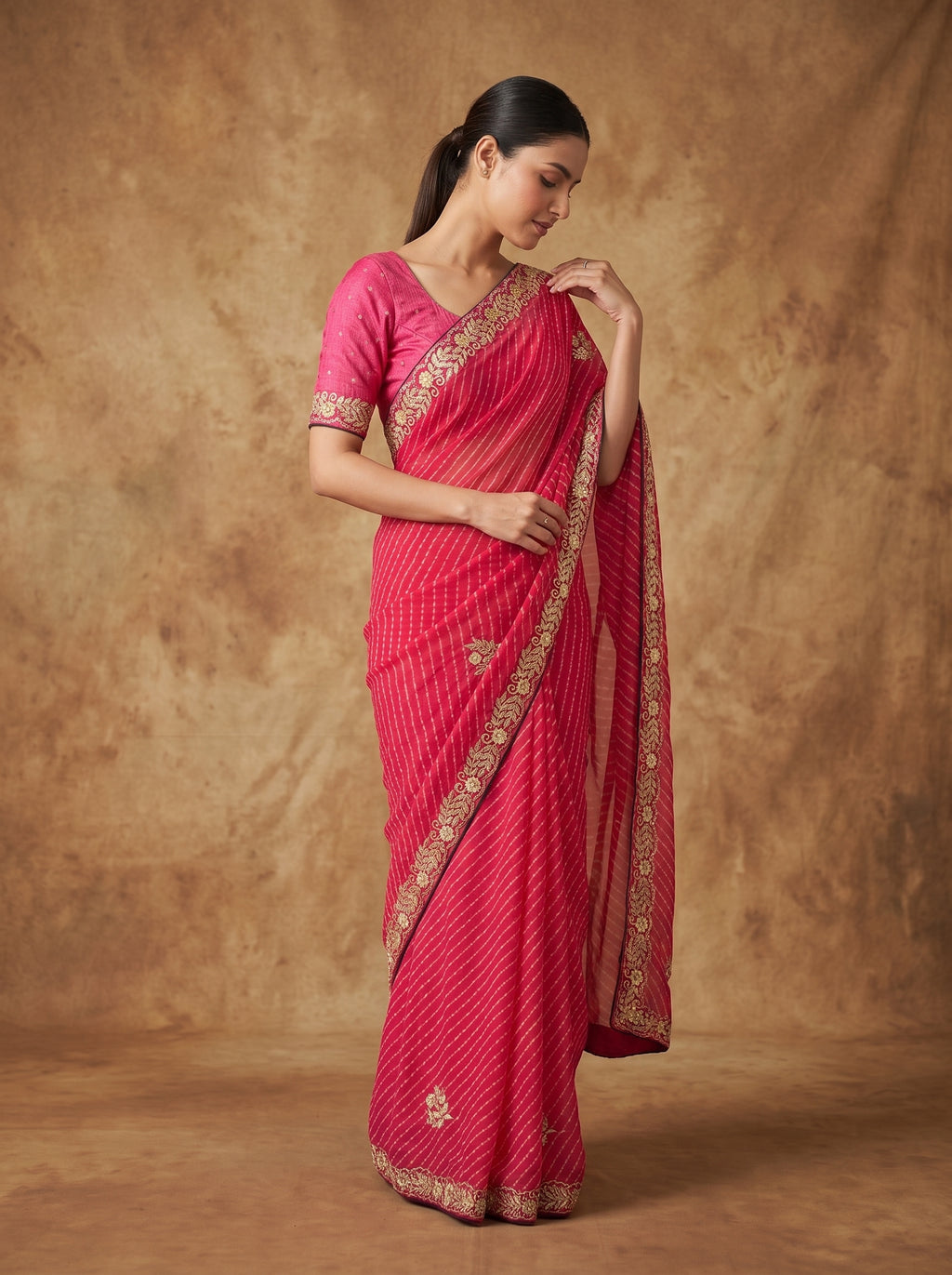 Rani Pink Leheriya Georgette Saree with Gold Zardozi Embroidered Border & Blouse Piece