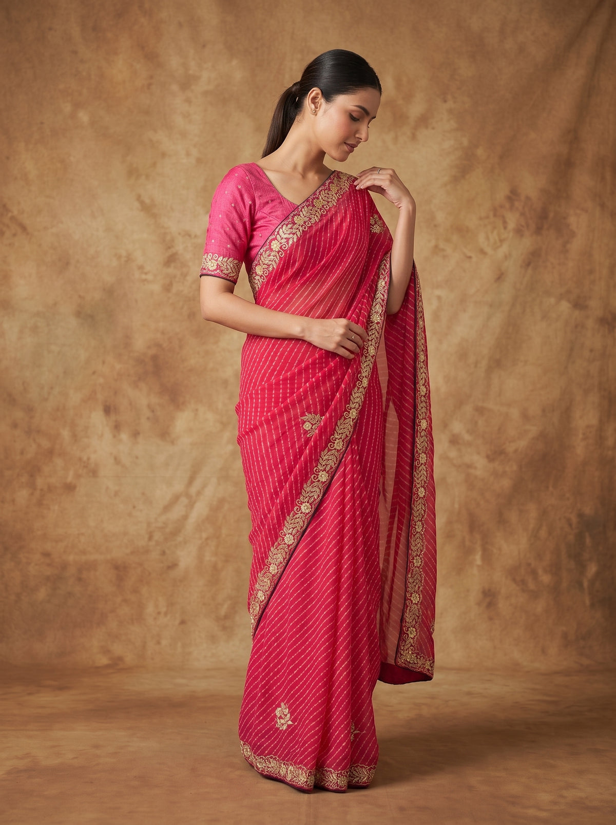 Rani Pink Leheriya Georgette Saree with Gold Zardozi Embroidered Border & Blouse Piece