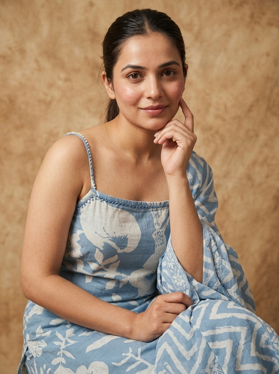 Blue Floral Print Cotton Sleeveless Kurta Set for Women – Straight Suit with Dupatta