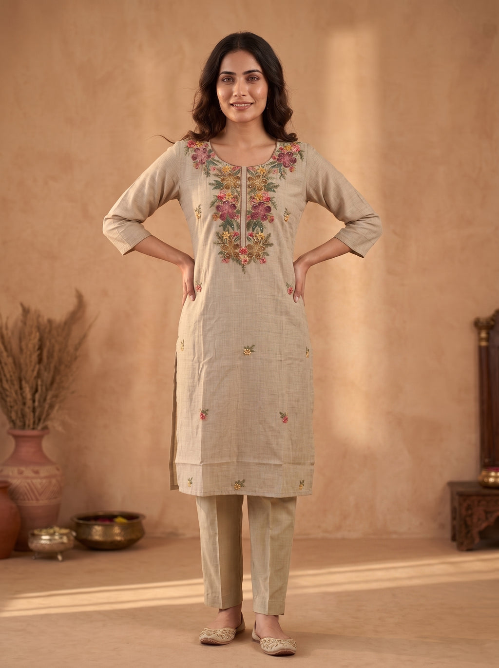 Beige Floral Embroidered Pure Linen Kurta Set with Dupatta